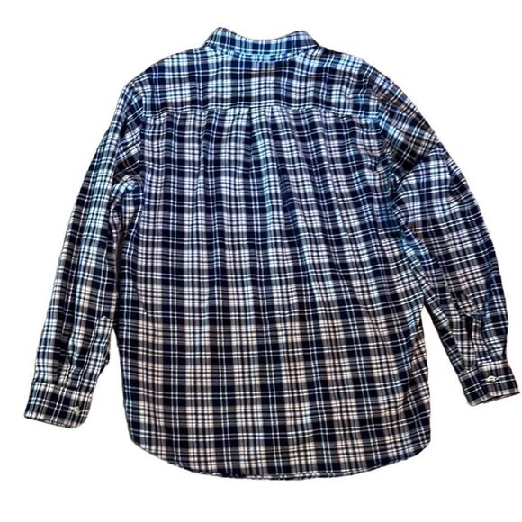 LL Bean Men’s Medium 100% Cotton Navy Tan White Plaid Long Sle Button Down Shirt - Picture 5 of 7